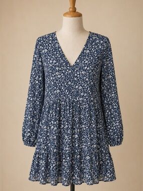Mi Amore Navy Blue Floral V-Neck Long-Sleeve Mini Dress